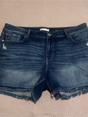 KanCan Dark Blue Frayed Hem Denim Shorts